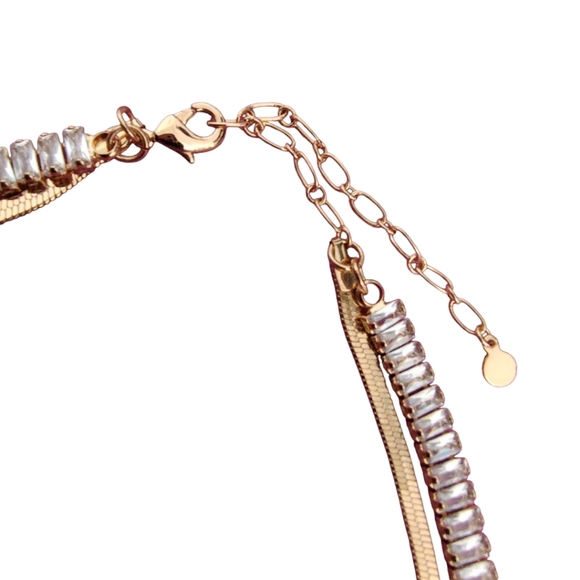 Elegant Gold Plated Double Chain Necklace with Sparkling Baguette Crystals - Picture 7 of 8